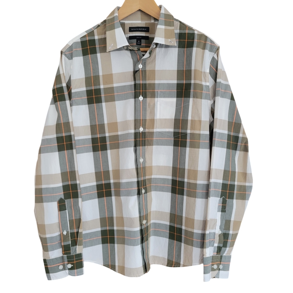 NWT Banana Republic Button Down Shirt Mens Size M White Green Brown Plaid Cotton
